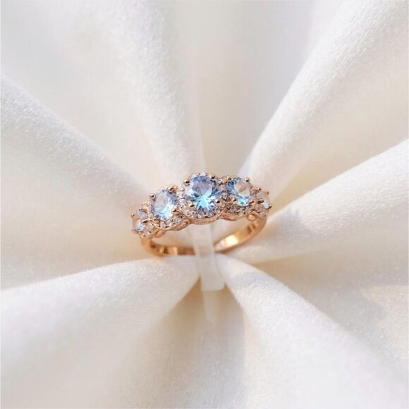 Gioelli 14K Rose Gold Over Silver Ring – Aquamarine & White Sapphire 5-Stone 5 - Picture 1 of 14